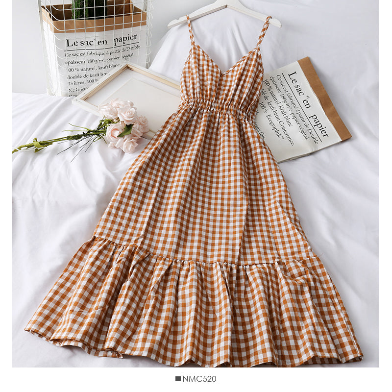 Plaid small Qingxin loose tight waist thin medium length dress  2682