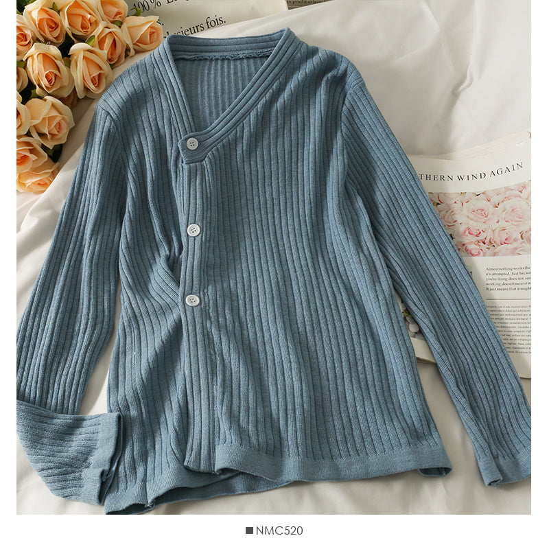 Han Fan irregular single breasted V-Neck long sleeve sweater female  2038