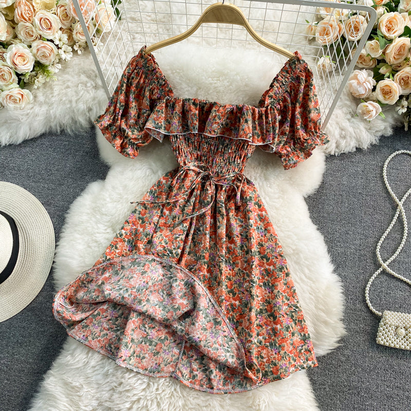 French sweet waist closing thin square neck bubble sleeve Floral Dress  3189