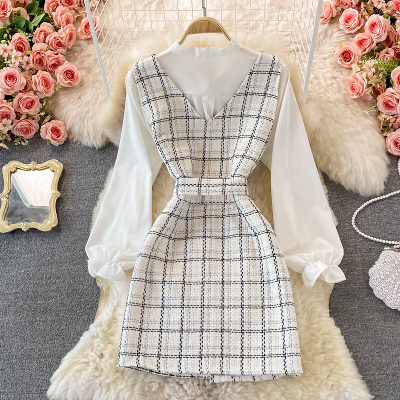 Celebrity temperament V-neck vest vest skirt white shirt  2869