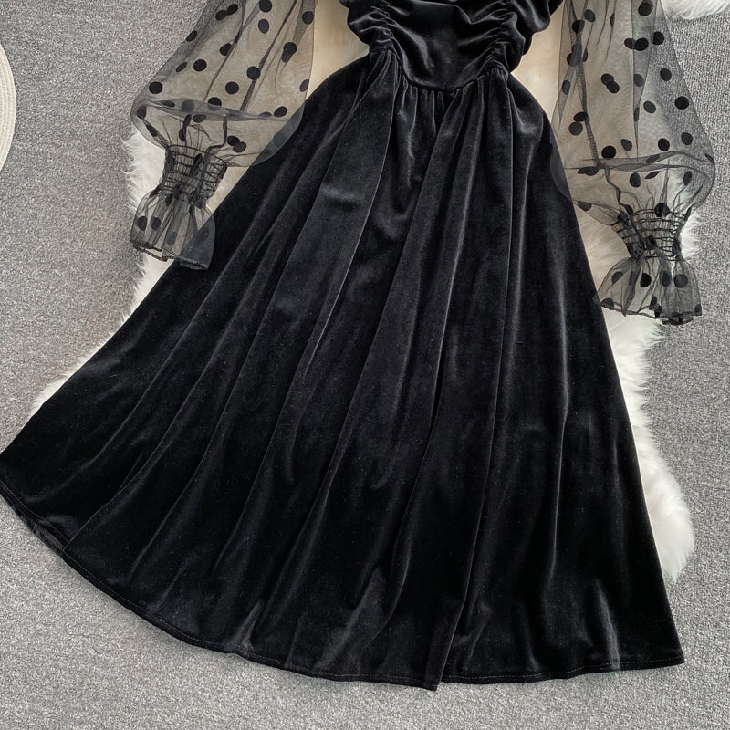 Celebrity temperament black square neck velvet dress  3366