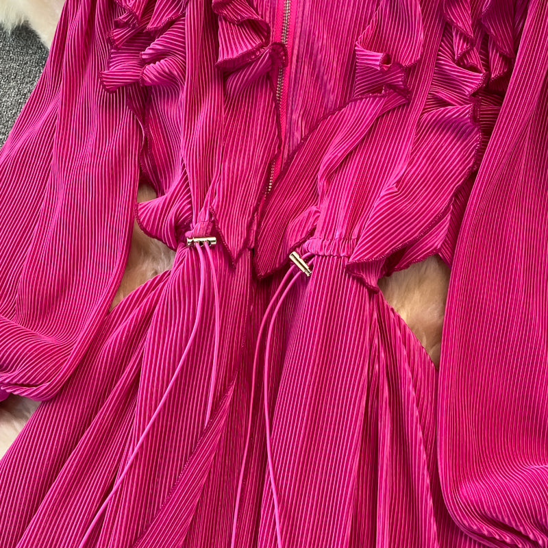 Bubble sleeve waist closing thin Ruffle Pleated Dress  3386