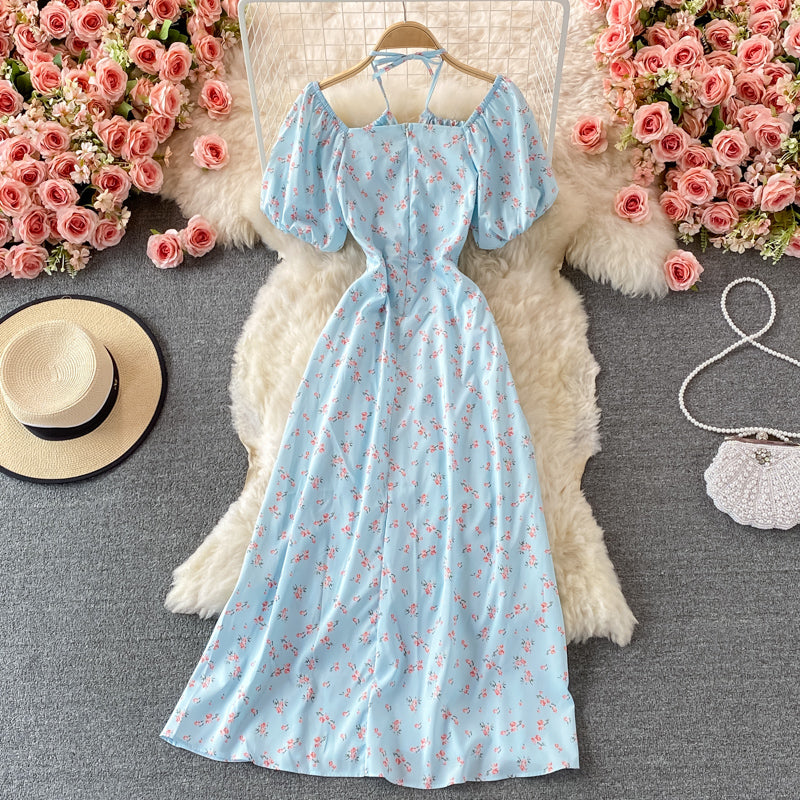 Slim waist with broken flower hanging neck square neck dress  3216