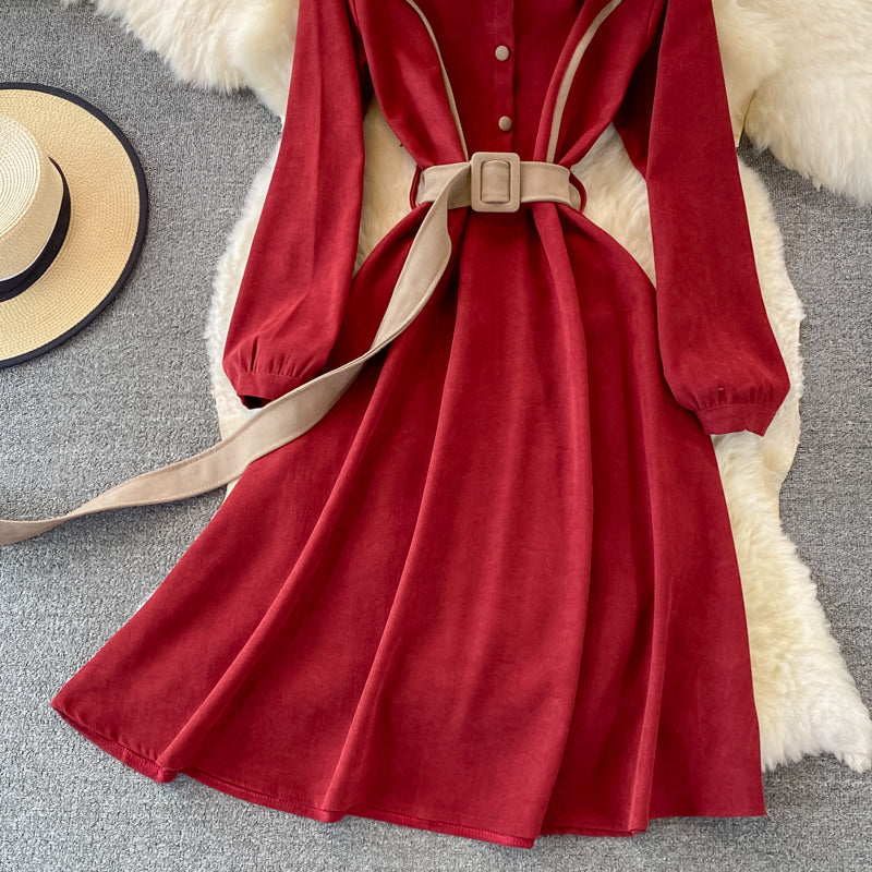 Lapel waistband shows thin temperament corduroy dress  3389