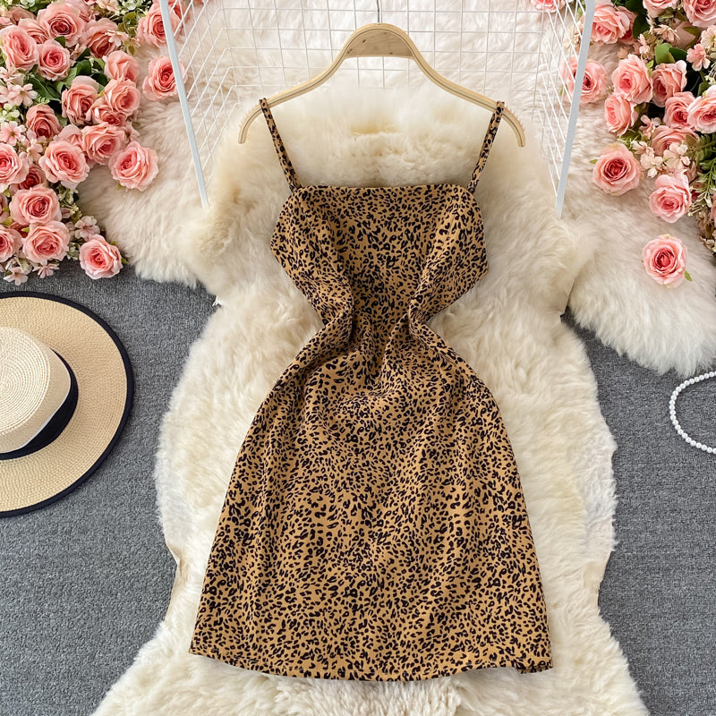 Slim leopard suspender dress two-piece set female  3243