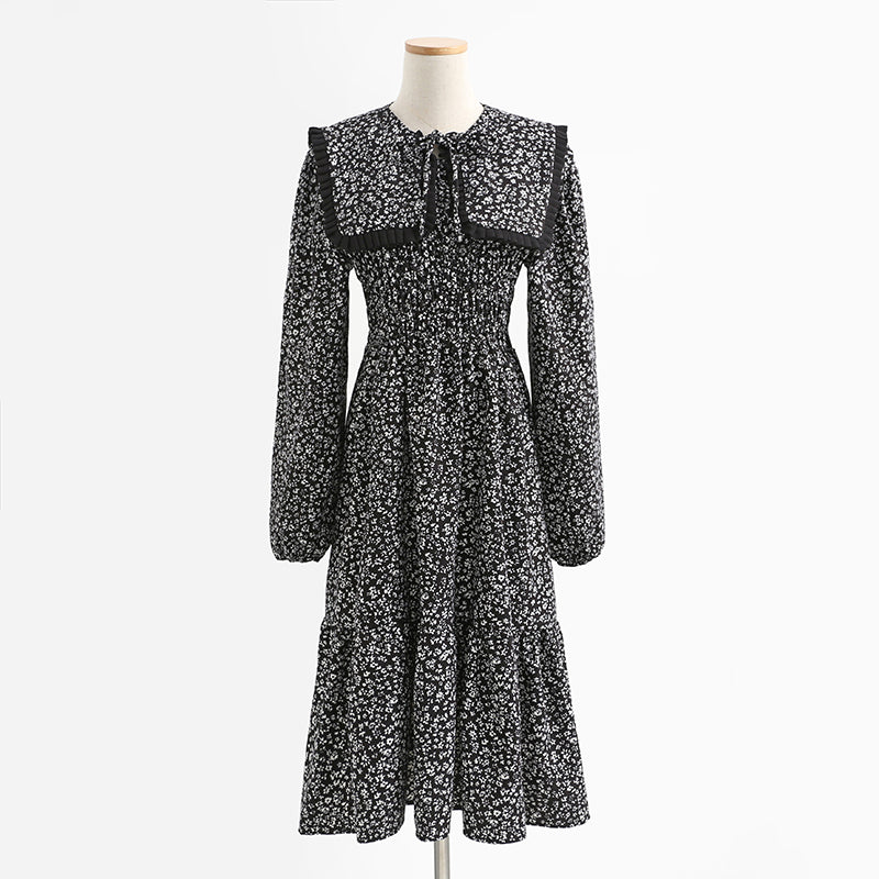 Korean loose waist broken flower doll collar skirt long design dress women  2277