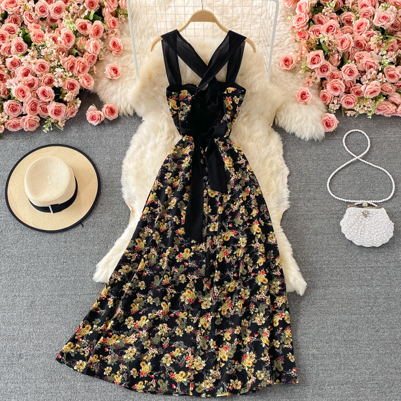 French retro style backless floral suspender dress  2902