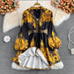 Light luxury high-end retro printed V-neck bubble sleeve dress  3011