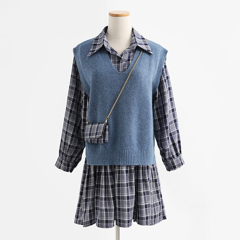 New vest LONG SLEEVE DRESS Plaid age reduction fashion two-piece suit skirt  2176