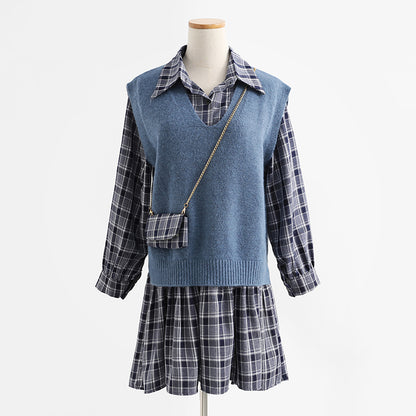 New vest LONG SLEEVE DRESS Plaid age reduction fashion two-piece suit skirt  2176