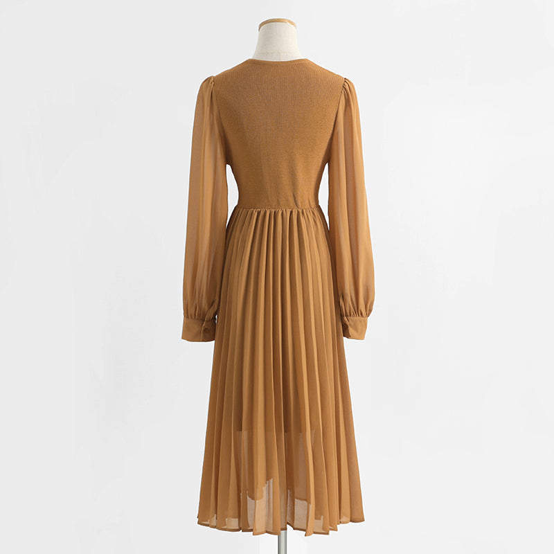 Dress V Neck Long Sleeve knee bottomed skirt pleated patchwork tea break skirt  2140