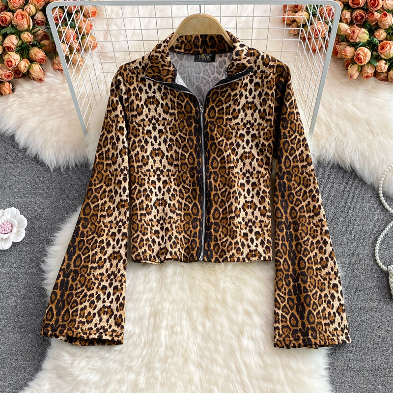 Korean leopard print loose casual stand collar zipper coat  1678