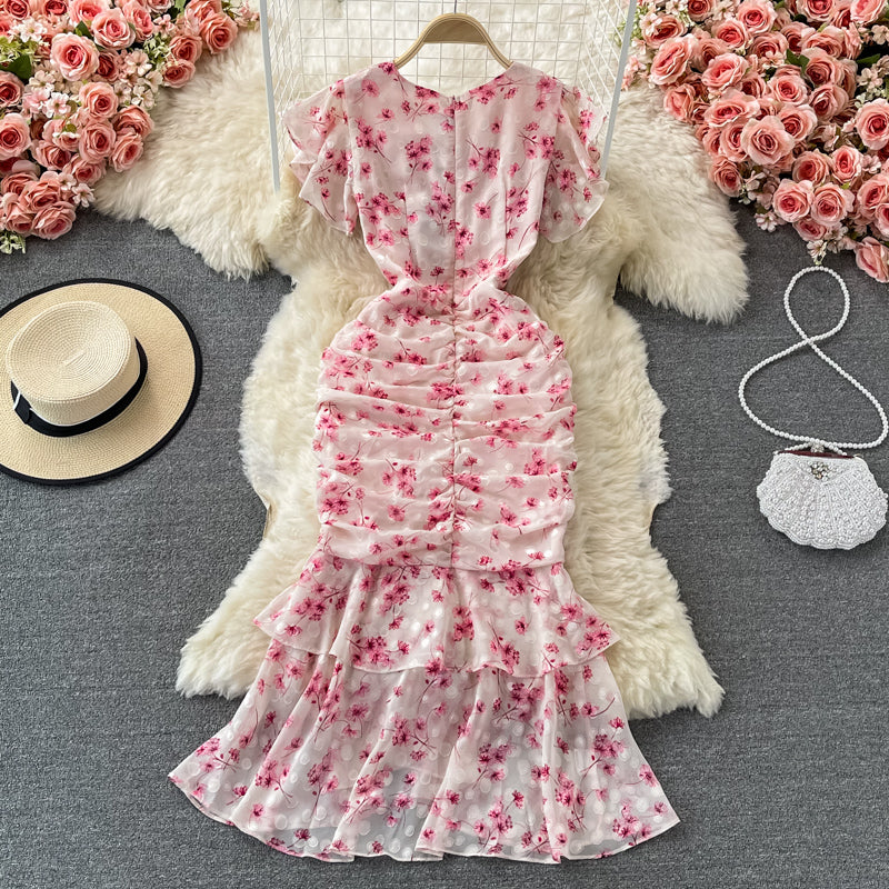 Ruffled V-neck fishtail buttock Chiffon Floral Dress  3067