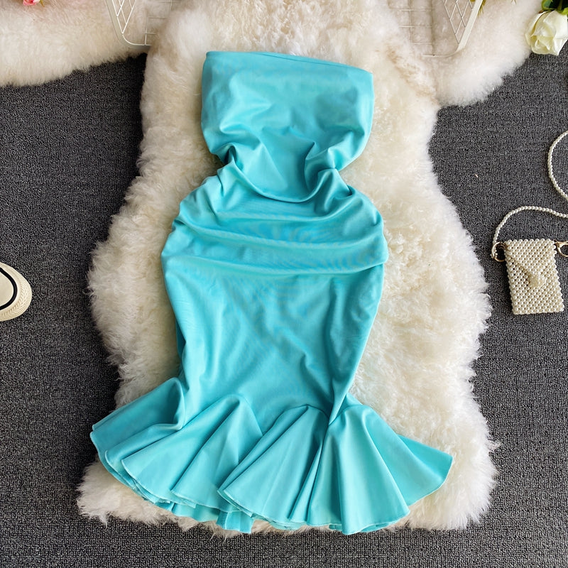 Sexy one shoulder strapless dress temperament close waist thin fishtail skirt  3290