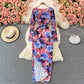 V-neck print slim split dress  3086