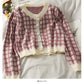 Korean retro color block check short loose knit women's shirt  1815