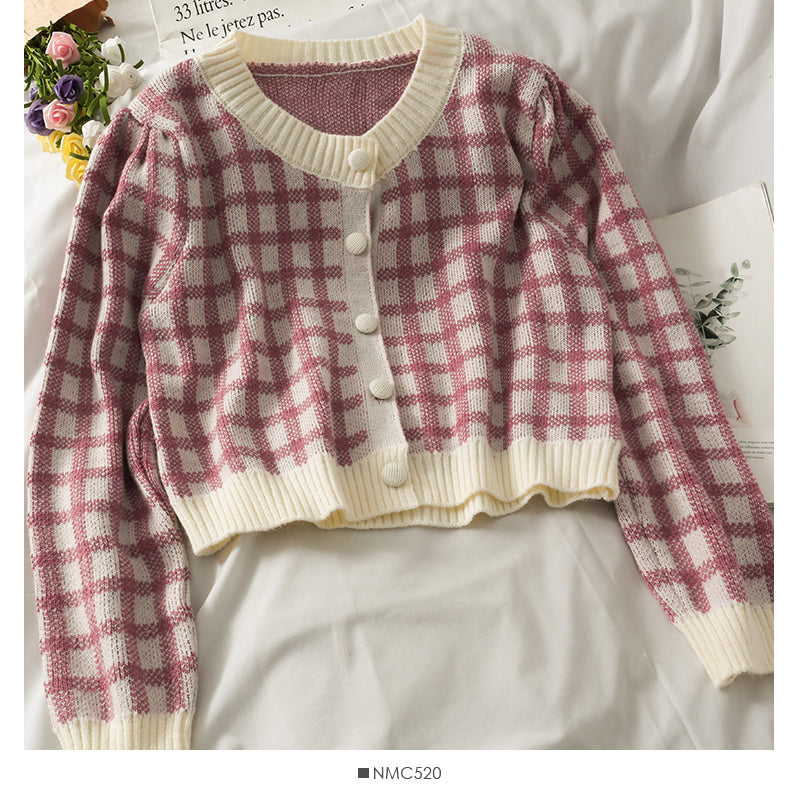 Korean retro color block check short loose knit women's shirt  1815