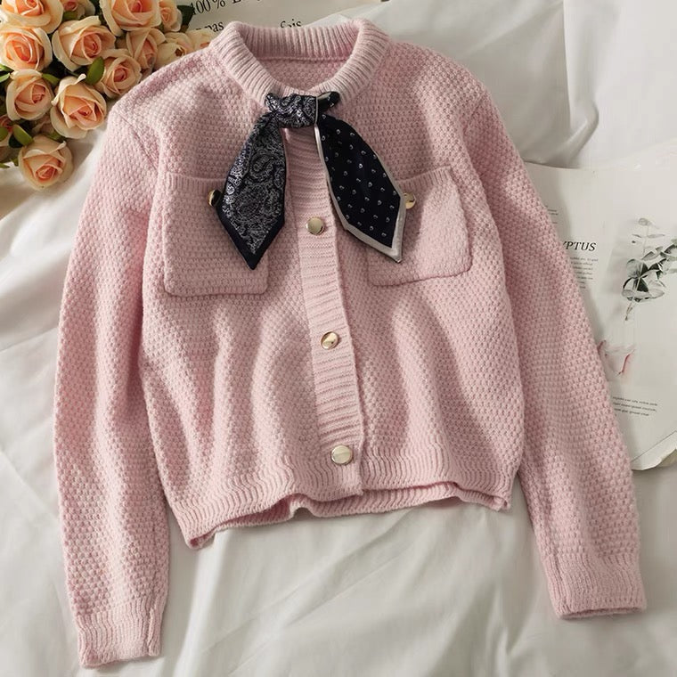 Haut cardigan vintage en tricot ample à simple boutonnage et à manches longues avec nœud papillon 1448