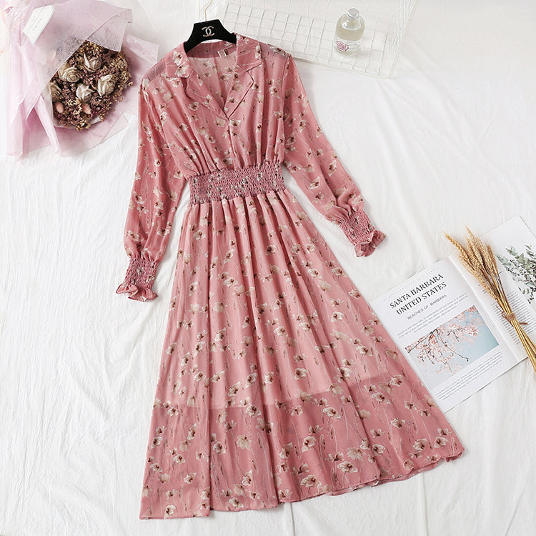 Suit collar French retro fairy super xiansen broken flower chiffon long skirt  2358