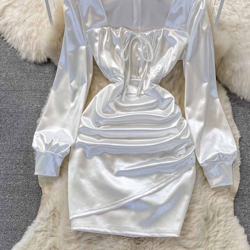 Sexy square neck acetate Satin wrinkle slim wrap hip dress  3385