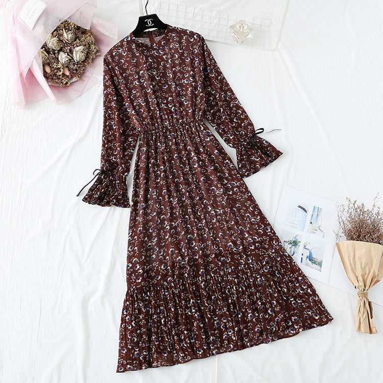 New French retro pleated flare sleeve bottomed long skirt  2359