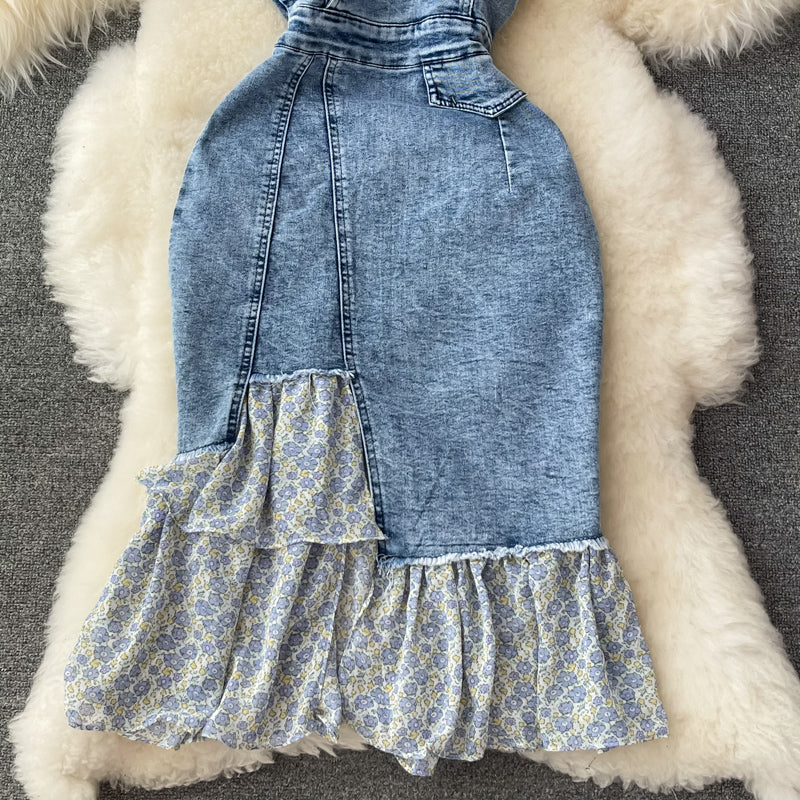 Irregular ruffled fishtail strap skirt denim dress two piece set  3064