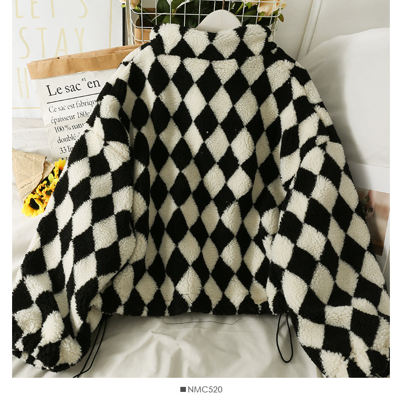 Diamond Plaid high neck bubble sleeve thickened jacket female drawstring lamb wool  2118