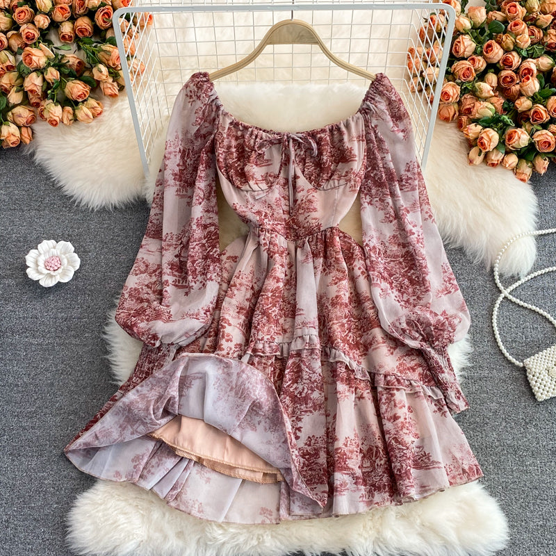 Retro ink painting square neck dress  3000