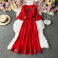 Embroidered trumpet sleeve V-neck waist cotton hemp loose holiday dress  2948