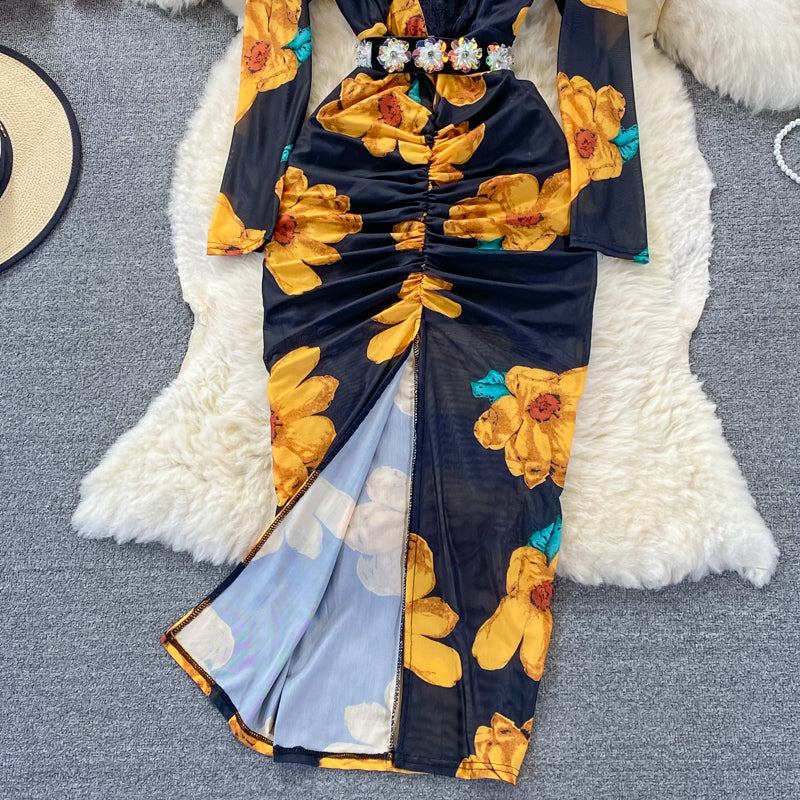 Sexy V-neck printed elastic slim wrap hip dress  3248