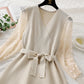 Bottomed skirt bubble sleeve lace stitching long sleeve knitted dress slim fit  2453