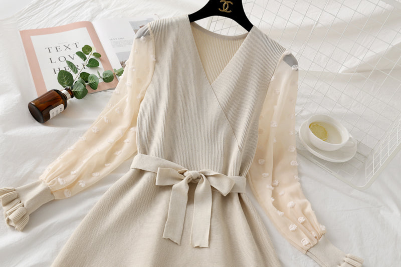 Bottomed skirt bubble sleeve lace stitching long sleeve knitted dress slim fit  2453