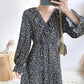 V-neck waist with thin Ruffle sleeve floral long skirt  2259
