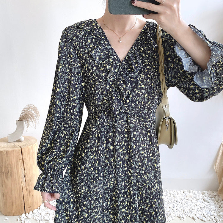 V-neck waist with thin Ruffle sleeve floral long skirt  2259