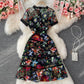 Mesh embroidered hollow out Decor Ruffle waist dress  3060