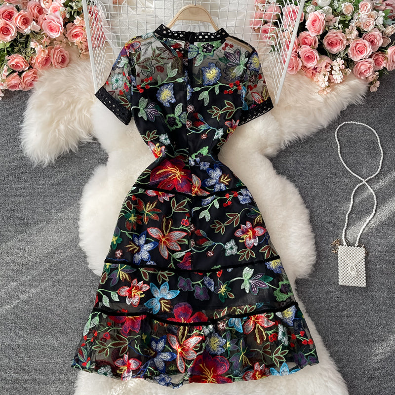 Mesh embroidered hollow out Decor Ruffle waist dress  3060