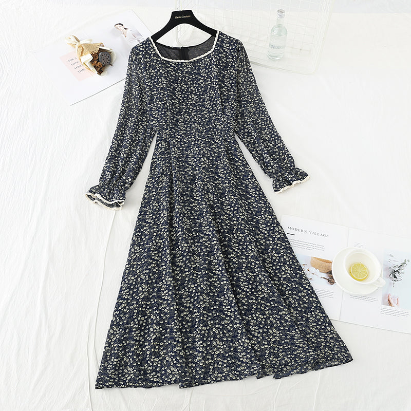 Small fresh long sleeve square neck thin Floral Chiffon Dress  2419