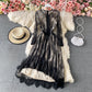 Mesh stitched Lace Waist high-end solid dress  3181