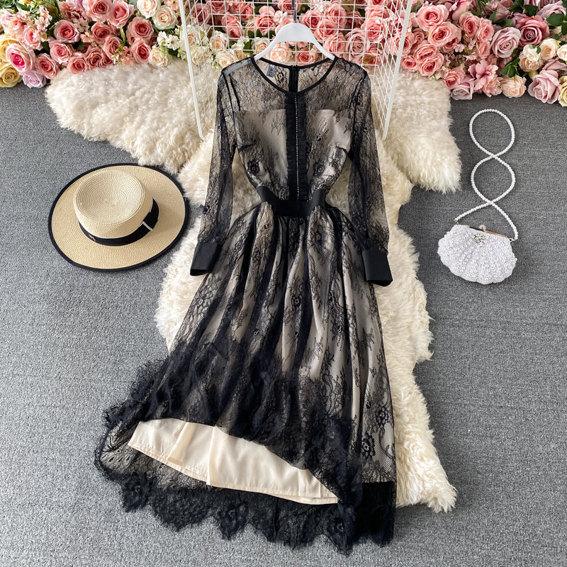 Mesh stitched Lace Waist high-end solid dress  3181