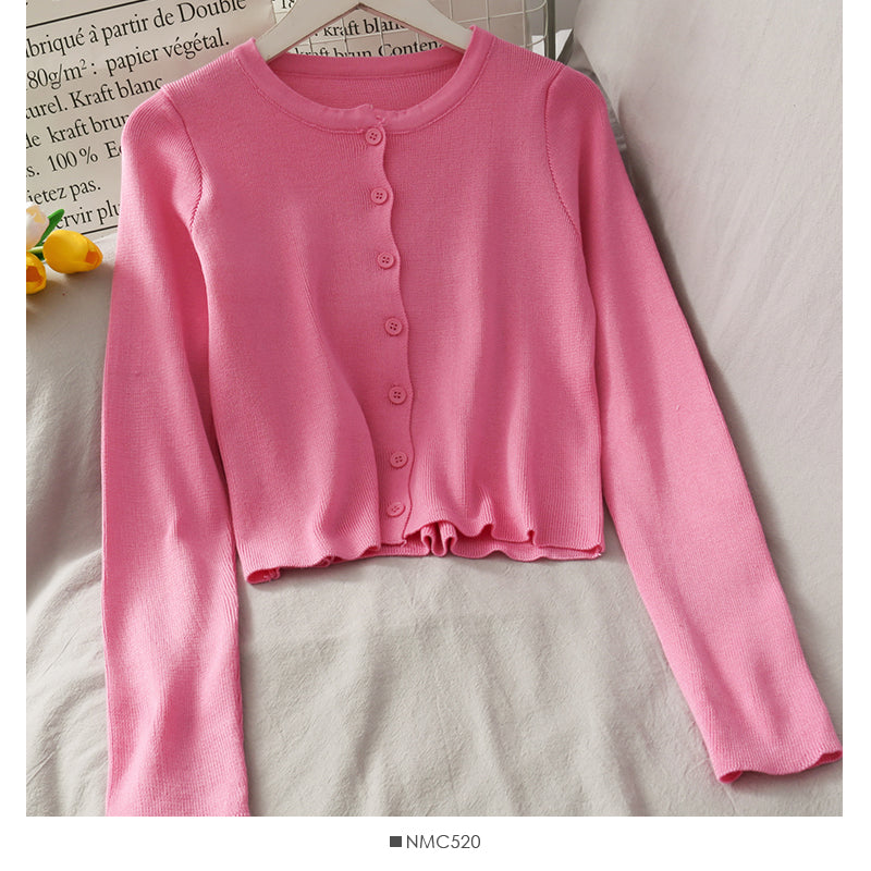 Netzroter, gleicher, einreihiger, kurzer, eng anliegender, langärmliger Strickcardigan 1694
