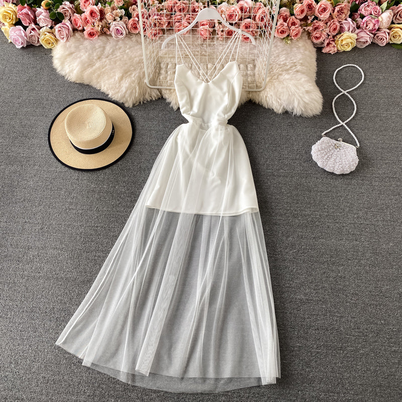 High waist mesh stitched fairy suspender skirt  3310