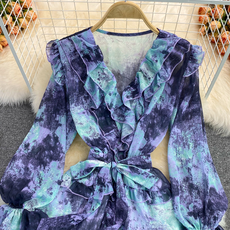 V-neck ruffled Floral Chiffon Dress  2854