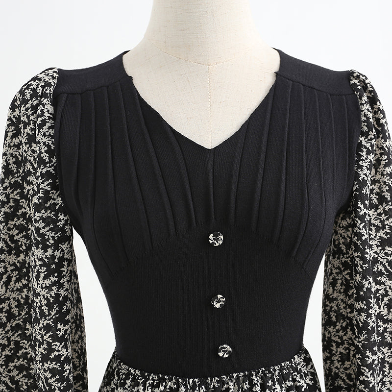New Retro long skirt stitched black knitted skirt premium skirt  2255
