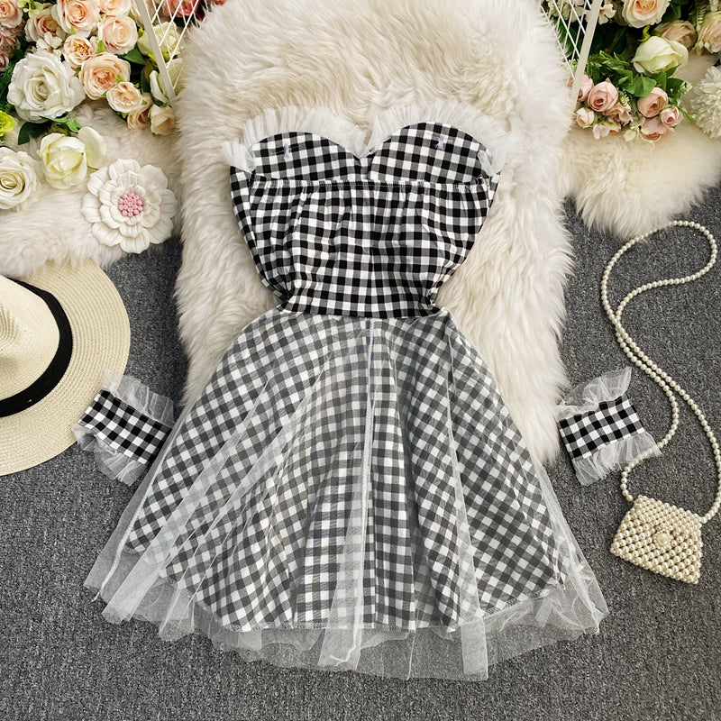 Strapless Plaid Dress waist A-line short skirt  3413