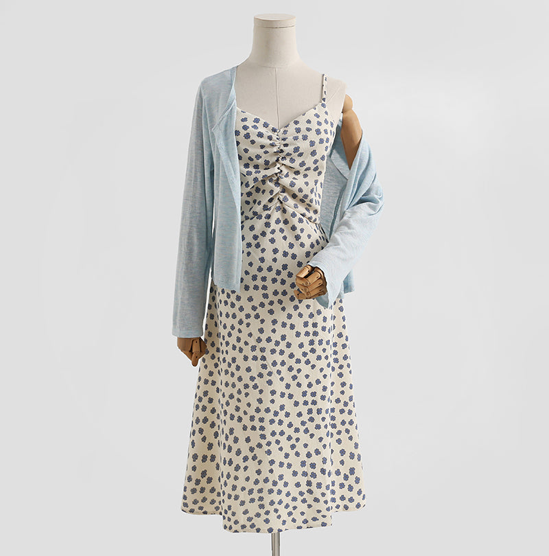 Corduroy dress floral suspender skirt foreign style two-piece temperament long skirt  2151