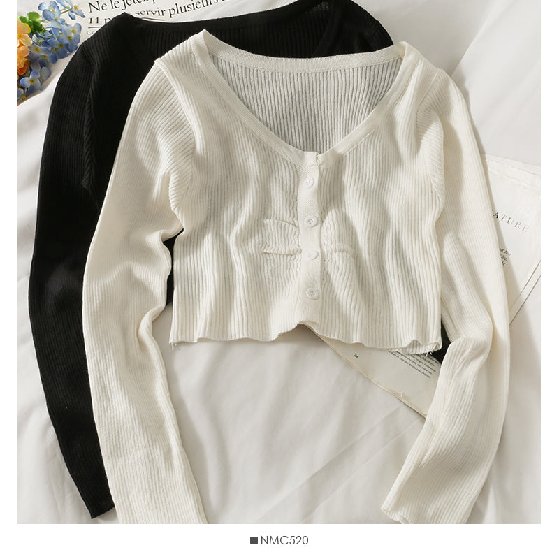 Long sleeve single breasted top women's new short versatile slim knit  1973