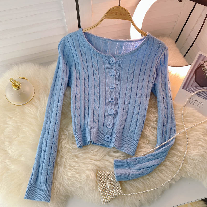 French retro single breasted twist wool sweater long sleeve knitting  1590