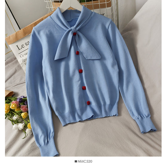 Sweet and versatile bow stand collar single breasted Pullover Sweater  2026