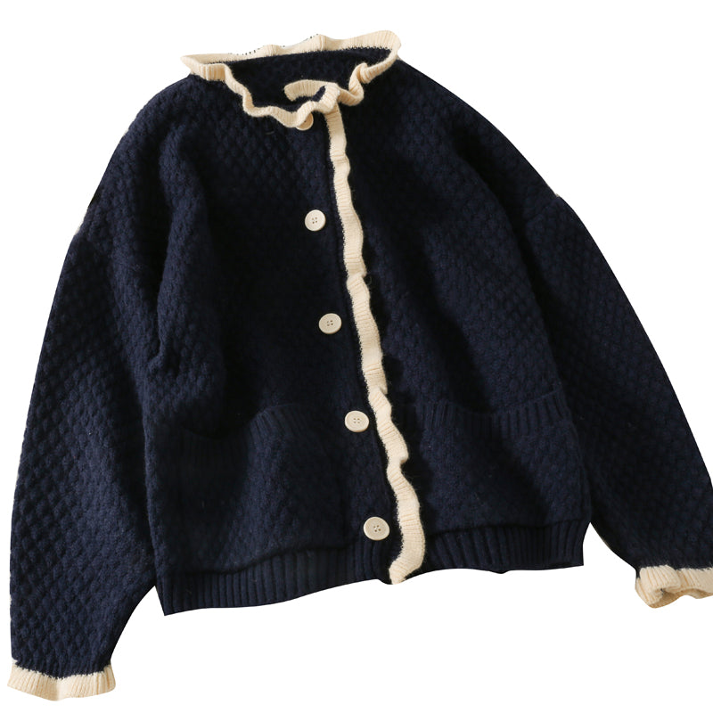 Farblich passender einreihiger Cardigan im Retro-Stil im Hongkong-Stil mit Agaric-Rand 1707