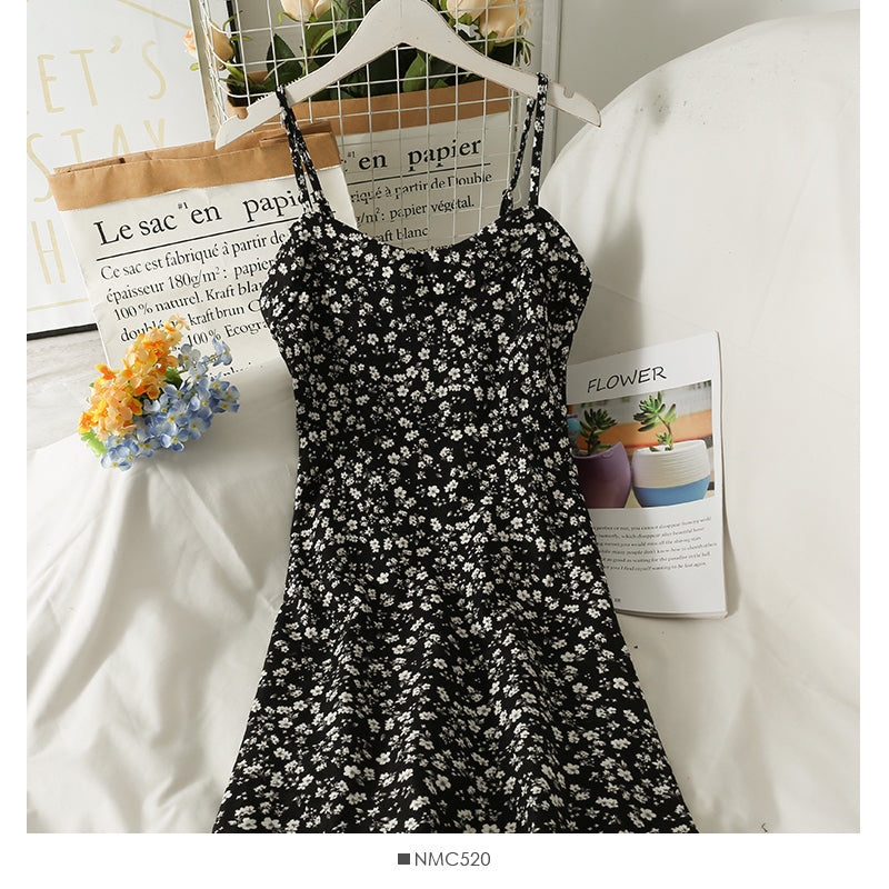 Hong Kong style retro floral high waist low neck short dress  2694